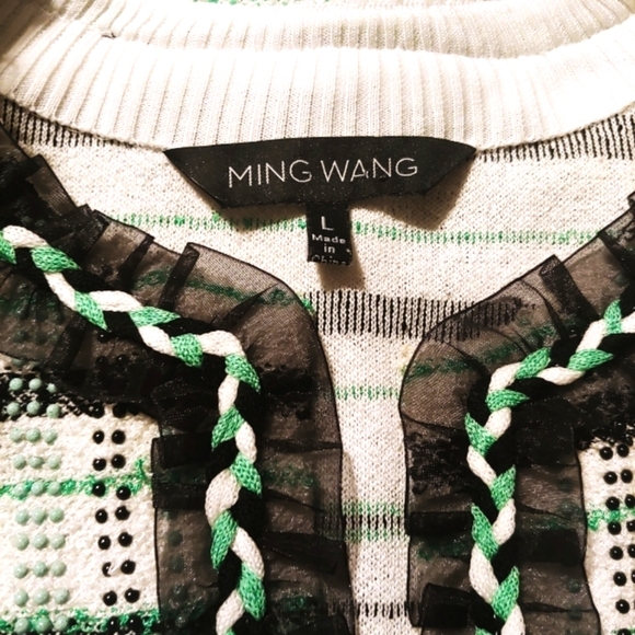 Ming Wang Jackets & Blazers - MING WANG textured striped plaid beaded lacy trim jacket blazer Size large